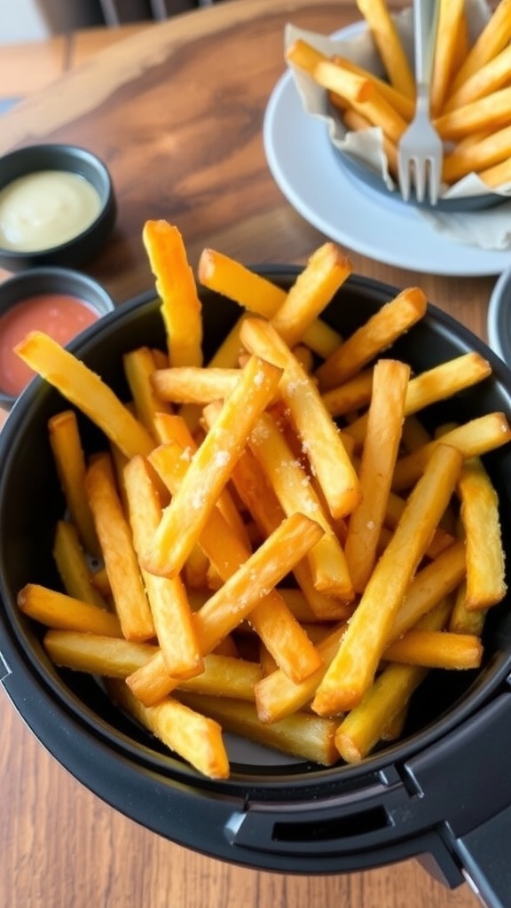 Crispy Air Fryer Frozen French Fries Recipe Crispy air fryer french fries served in a bowl with a sprinkle of salt and a dipping sauce.